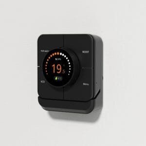 a black square room thermostat with a digital display, add-on thermostat